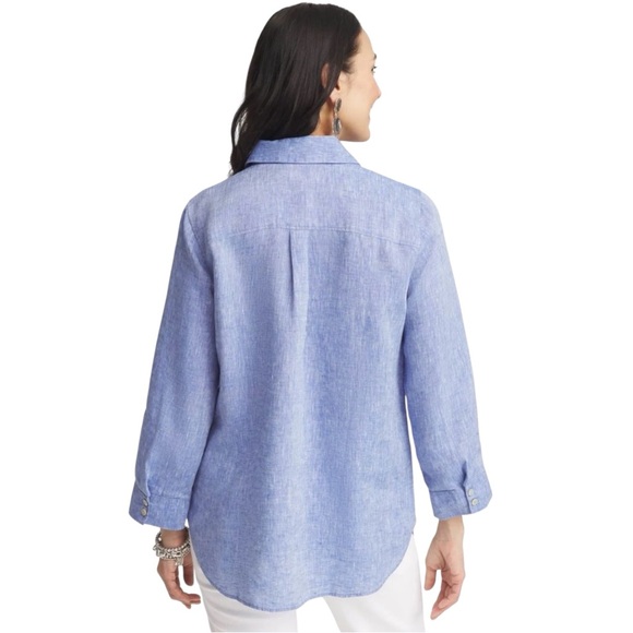 Chico’s No Iron Linen Blue Long Tab Sleeve Button Front Shirt Women’s Medium - Picture 3 of 11